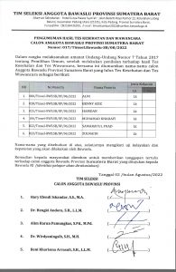 Timsel Bawaslu Sumbar Umumkan 6 Calon yang Lolos Tes Kesehatan dan Wawancara